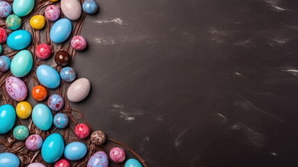Easter celebration concept. Top view photo of colorful easter eggs pink on brown background with empty copyspace