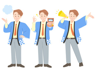 Obraz premium 法被姿で仕事をする若い男性スタッフのイラストセット