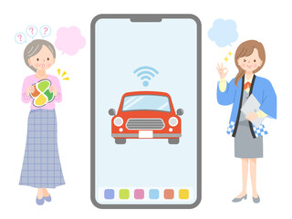 もみじマークを持ったシニア女性と営業スタッフ