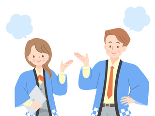 笑顔で案内する法被姿の男女の販売員