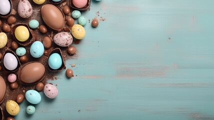 Easter celebration concept. Top view photo of colorful easter eggs pink on blue background with empty copyspace