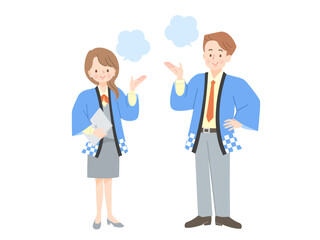 笑顔で案内する法被姿の男女の販売員