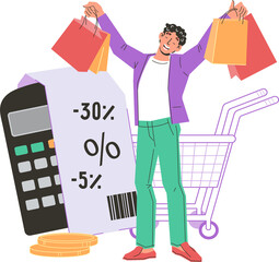 Happy buyer with hands full of shopping bags enjoying sale prices. Concept of big sale and discount for web and print. Satisfied buyer or shopper.