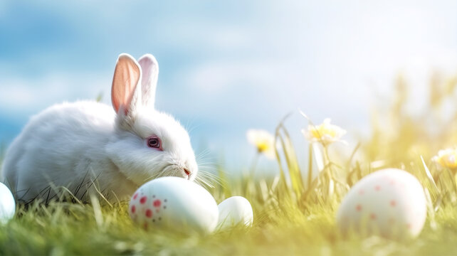 Easter bunny with easter eggs on meadow with flowers, easter decorations background