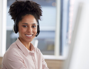 Customer support, smile and portrait of woman at call center for b2b connection, contact us and crm consulting. Telemarketing, communication and happy female worker for service, agency and help desk - obrazy, fototapety, plakaty