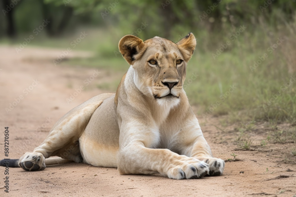 Canvas Prints In South Africa's Kruger National Park, a lioness is lounging on her paws. Generative AI