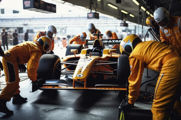 Dynamic scene of formula one racing car at pit stop symbolizing high speed and efficiency, generative AI - obrazy, fototapety, plakaty