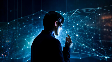 Silhouette of an astronomer or physicist on the verge of a breakthrough. Hologram of the galaxy. Created with Generative AI.