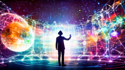 Plakat Silhouette of a person exploring vibrant star maps in the metaverse; augmented or virtual reality; snapping a selfie; created with Generative AI.
