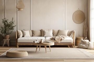 White and beige farmhouse bohemian living room mock up. Modern wallpaper, couch, and decor. Modern decor,. Generative AI