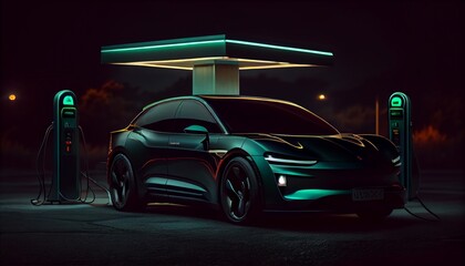 Electric car charging on the station, illustration. Green neon glowing EV vehicle filling up a battery. Modern hybrid