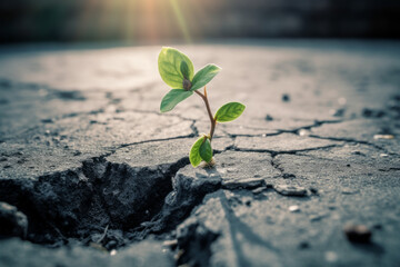 young evolving plant seedling growing out of craced concrete with city skyline in the background symbolizing nature taking back the rural environment, generative AI - obrazy, fototapety, plakaty