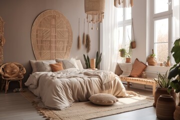 Vertical photo of boho bedroom with double bed, lights, pillows, and plant. Nobody. Generative AI