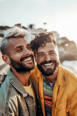 Portrait of a smiling and laughing gay male couple on the beach enjoying their vacation.