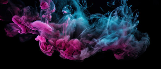 Fototapeta premium abstract horror neon pink smoke cloud, grunge texture, dark black background, scary blue light poster design. Generative AI