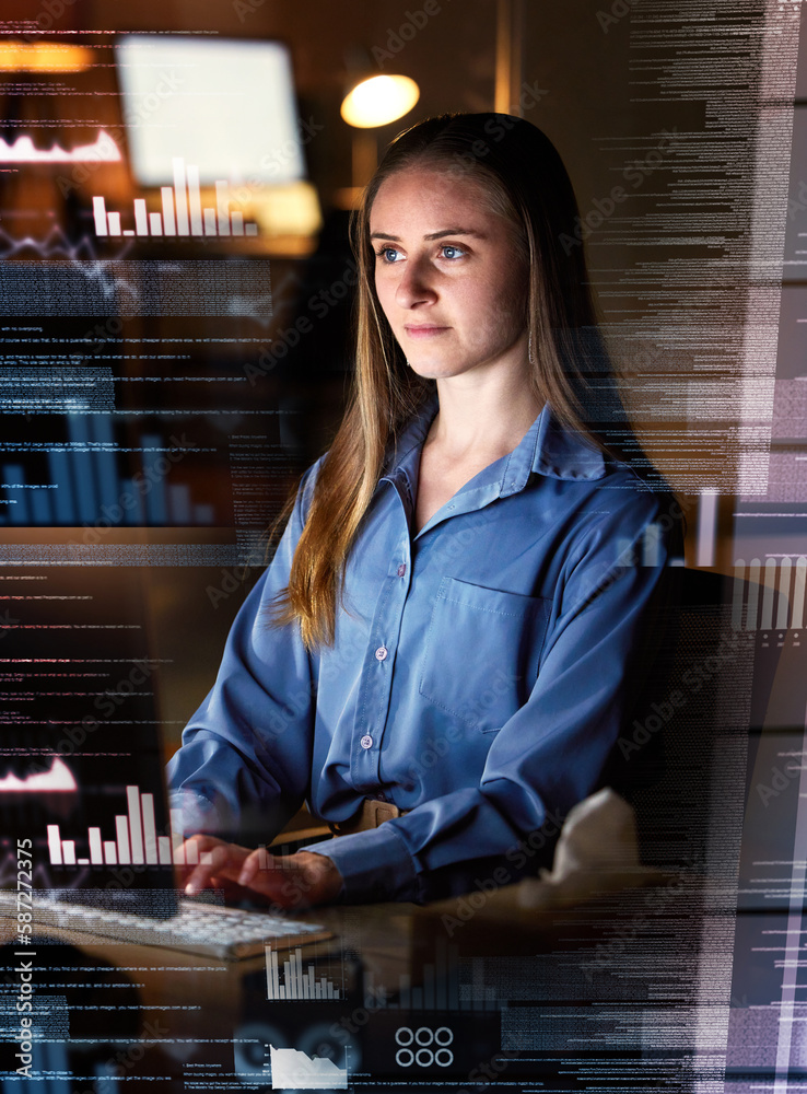 Aufkleber Woman at desk, dashboard and data analytics, coding and digital overlay, stock market statistics and technology abstract. Trading, IT and fintech female trader working night on graphs and stocks app