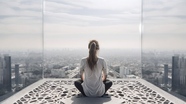 woman practices yoga and meditates in the skyscaper. Generative AI