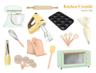 Kitchen baking utensils mixer, rolling pin, whisk, oven