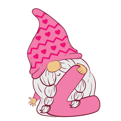 Gnome in a pink hat holds a large letter v in his hands