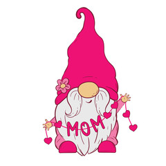 Gnome in a pink hat holds a rope with hearts and the inscription mom