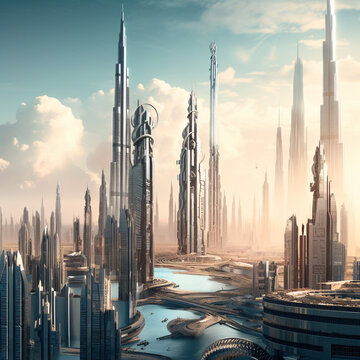 Futuristic skyline in bright daylight: modern and elegant architecture in an urban cityscape, Generative AI © spreephoto