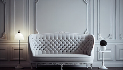 A sofa placed in front of wallpaper background
