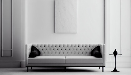 A sofa placed in front of wallpaper background
