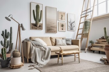 Beige sofa between ladder and wooden lamp in white apartment with posters and table. Real picture. Generative AI