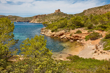 Turquoise waters in Cabrera island bay. Balearic archipelago. Spain