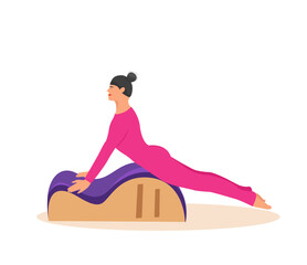 Woman doing Pilates with equipment. Equipment
 - back corrector for Pilates. Vector illustration


