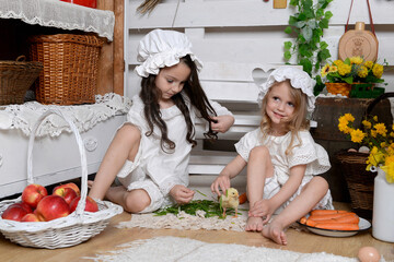 Two happy girls with yellow small chicks . Retro picture