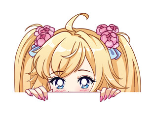 Anime peeking girl. Big eyes, blonde hair, pink nails