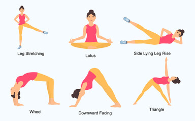 Set of different type of poses and exercises yoga positions collection. vector illustration.