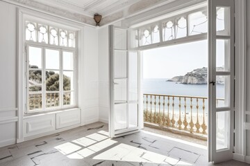 Elegant unoccupied room with close up panoramic windows, traditional shutters, and a traditional balcony. Granite rocks in a seaside setting. Copy space on a white background, interior design idea