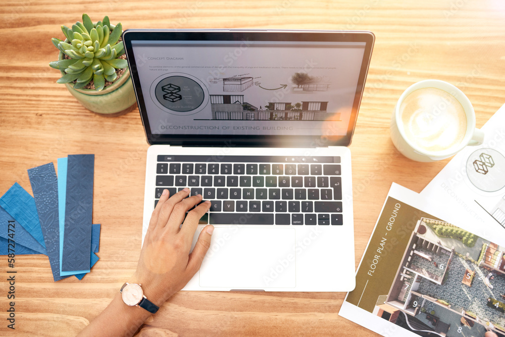 Poster architecture, laptop graphic and above hands working on real estate and construction plan. engineeri