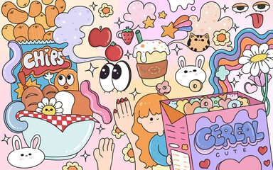 some random cute doodles illustration with a pastel colors background