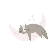 Little cute raccoon sleeping on the moon. Adorable animal vector design, illustration