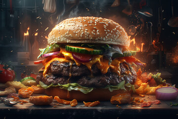A burger with towering layers of ingredients. created using Generative Ai