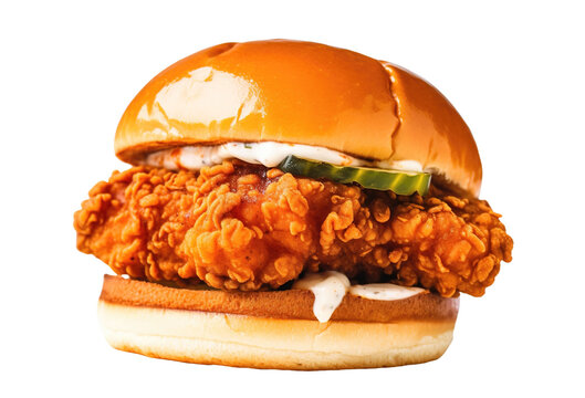 chicken burger png, isolated, transparent background, fried chicken - generative ai