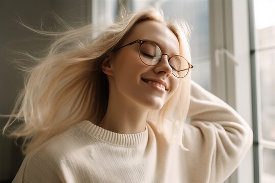  Blonde with hair pulled back wears translucent glasses and oversized sweater. Freedom and happy lifestyle concept. Generative AI