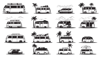 Vlies Fototapete Cartoon-Autos Collection of beach bus black and white.line illustration of travel bus on transparent background.