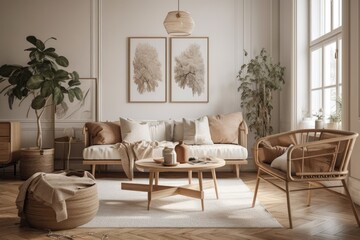 Classic living room decor. Pale room. Scandi Boho. Generative AI