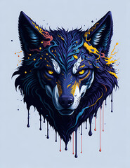 Splash art of a wolf head, colorful paint, piercing eyes, fantasy concept art, hyper-detailed, Generative AI