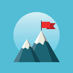 Mountain with flag icon in flat style. Success vector illustration on isolated background. Hiking trip sign business concept.
