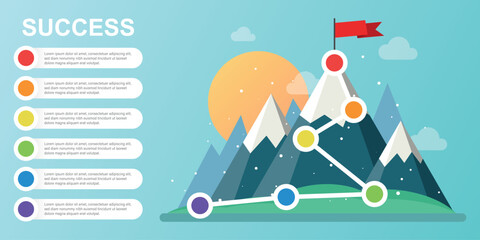 Mountain with flag icon in flat style. Success vector illustration on isolated background. Hiking trip sign business concept.