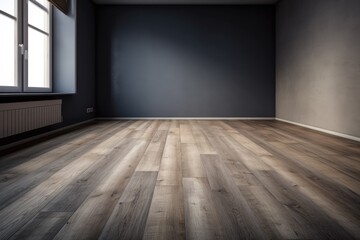 An empty room with a wooden floor and an anthracite wall in the background is an expansive side view of a house with internal decorations that is in natural hue. Generative AI