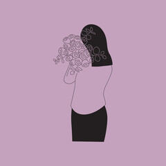 Black line drawing a woman with flowers. Minimalist lines art. Simple Woman illustration. Pink aesthetic lady