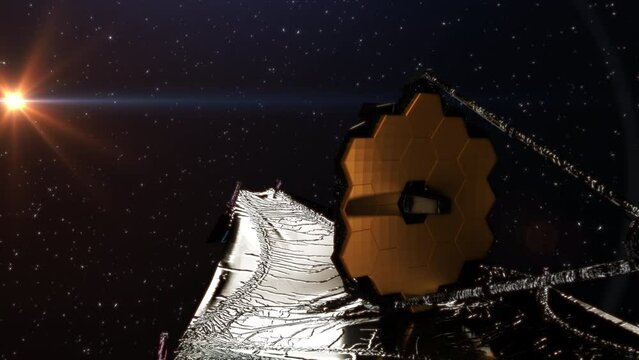 James Webb space telescope orbiting the sun in deep space. 3D animation