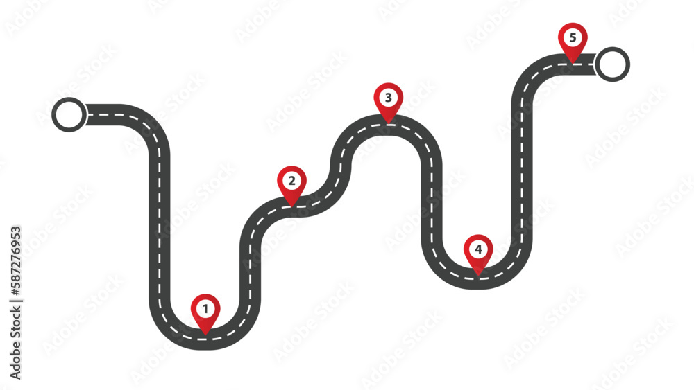 Poster curving road map with web marks. travel design with direction infographics and navigation for journe