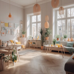 bright apartment with easter decorations, bright colors and big windows created with generative AI technology